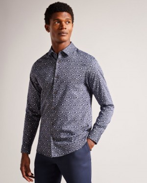 Navy Men's Ted Baker Maccle LS Spot Print Shirt Price In India | Y4V-6833