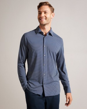 Navy Men's Ted Baker Velino LS Bi Stretch Geo Shirt Price In India | S2T-1554