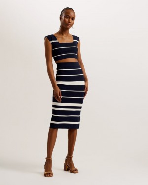 Navy Women's Ted Baker Emiliha Striped Bodycon Knit Skirt Price In India | V6P-2319