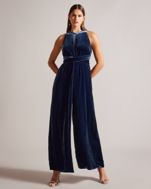 Navy Women's Ted Baker Libbiey Halterneck Jumpsuit with Wrap Bodice Price In India | F1F-8448