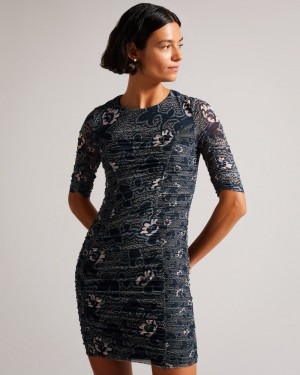 Navy Women's Ted Baker Velvit Bodycon Dress with Ruching and Ties Dress Price In India | M9H-7251