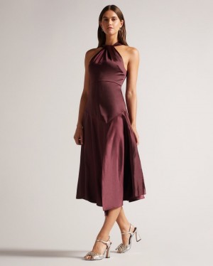 Purple Women's Ted Baker Renon Twist Neck Midi Dress Price In India | V9P-8272