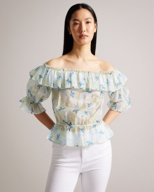 Sky Blue Women's Ted Baker Trisia Off The Shoulder Top with Elasticated Waist Tops Price In India | B3T-0099