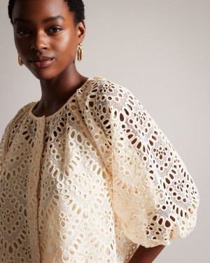 White Women's Ted Baker Elaraa Crochet Puff Sleeve Blouse Price In India | W5V-4419