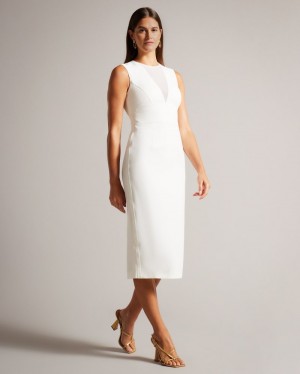 White Women's Ted Baker Elissii Bodycon Midi Dress with Sheer Panelling Dress Price In India | A2U-0012