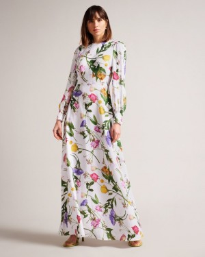 White Women's Ted Baker Marggoh Blouson Sleeve Maxi Dress Price In India | C7U-1980