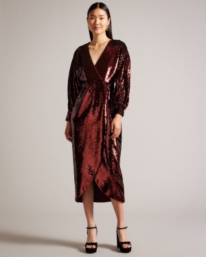 Wine Women's Ted Baker Emaleee Plunge Neck Sequin Midi Dress Price In India | T6L-1431