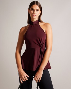 Wine Women's Ted Baker Malean Twisted Waist Halter Neck Top Price In India | T9K-5483