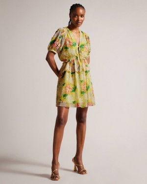 Yellow Women's Ted Baker Isbella Mini Dress with Puff Sleeves Dress Price In India | V3K-6462