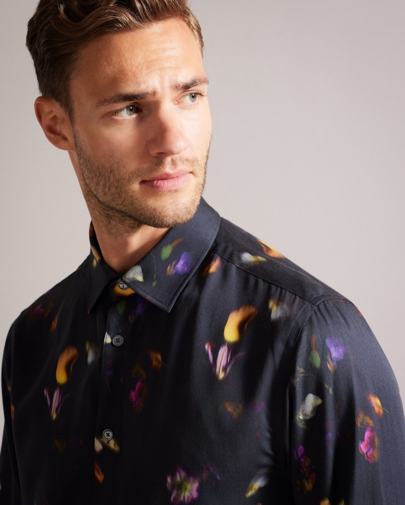 Black Men's Ted Baker Bari Photographic Floral Shirt Price In India | K7J-9935