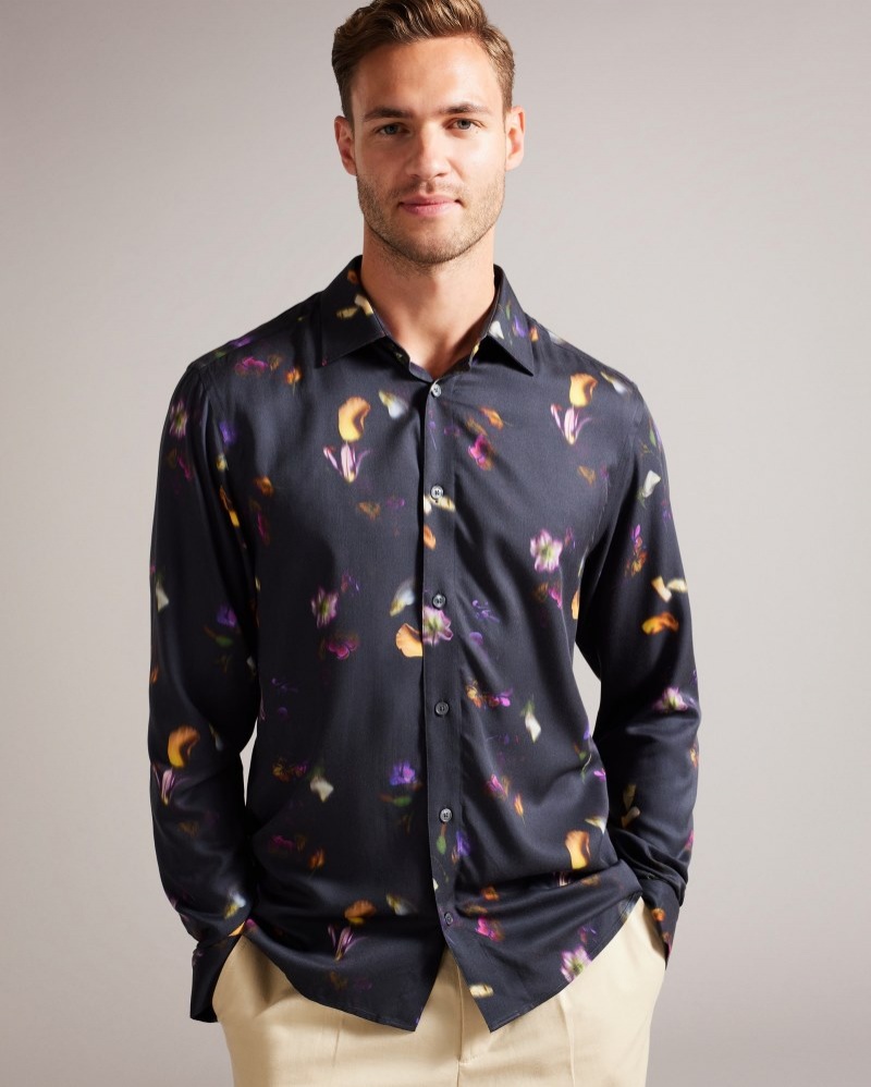 Black Men\'s Ted Baker Bari Photographic Floral Shirt Price In India | K7J-9935