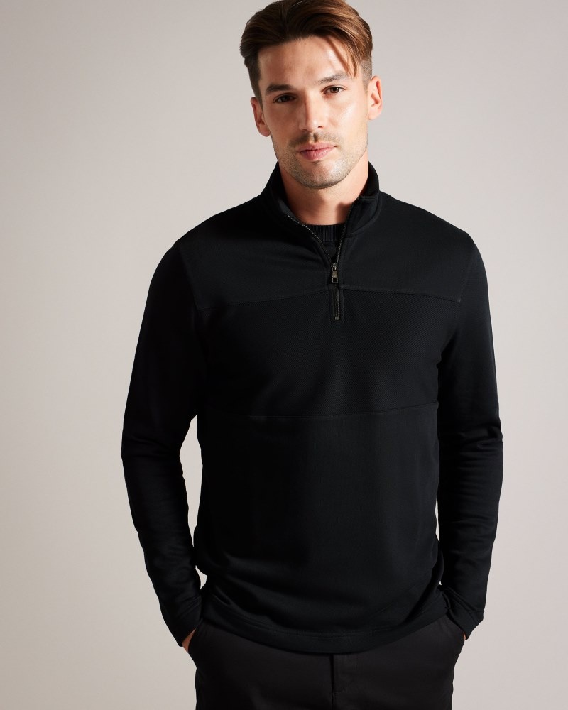 Black Men\'s Ted Baker Gazine LS Textured Panel Half Zip Price In India | I3P-1597