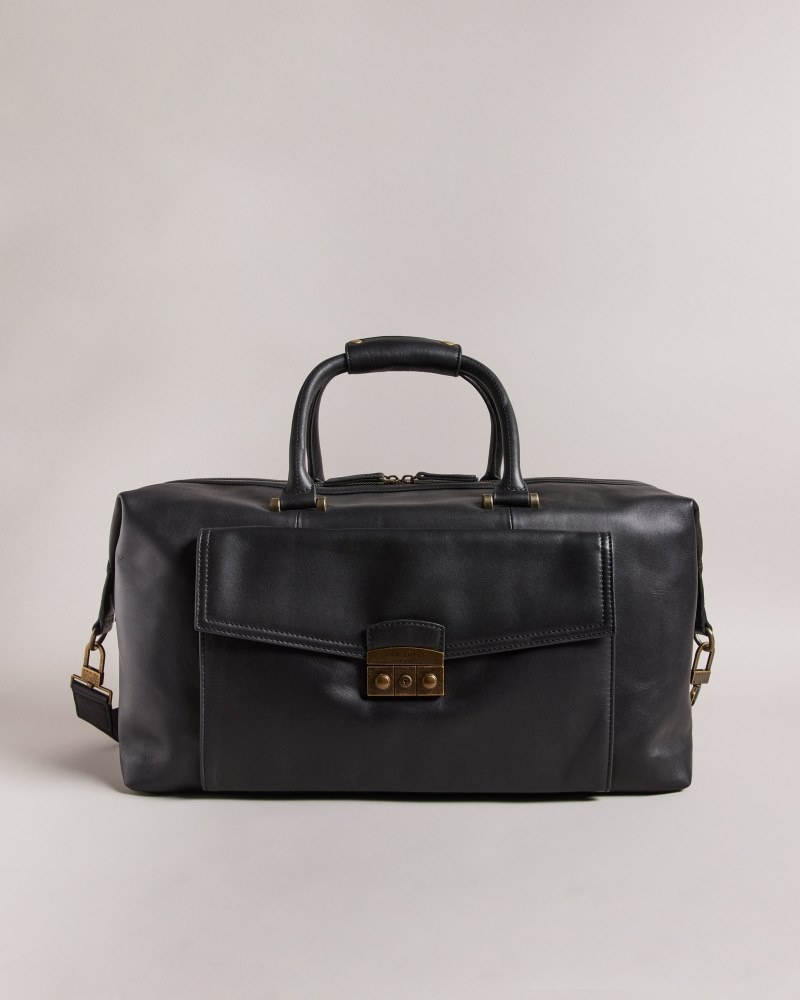 Black Men\'s Ted Baker Kalsin Trunk Lock Leather Duffle Bag Price In India | N6G-8500