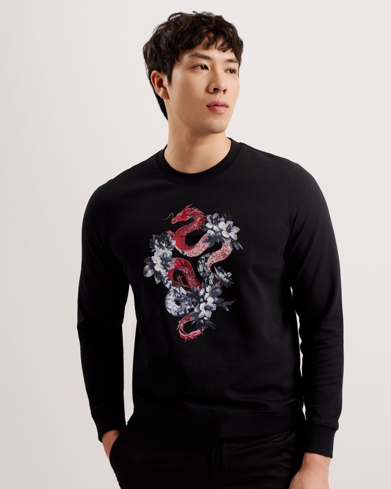 Black Men's Ted Baker Newyar LS Regular Graphic Sweatshirt Price In India | F0R-8333