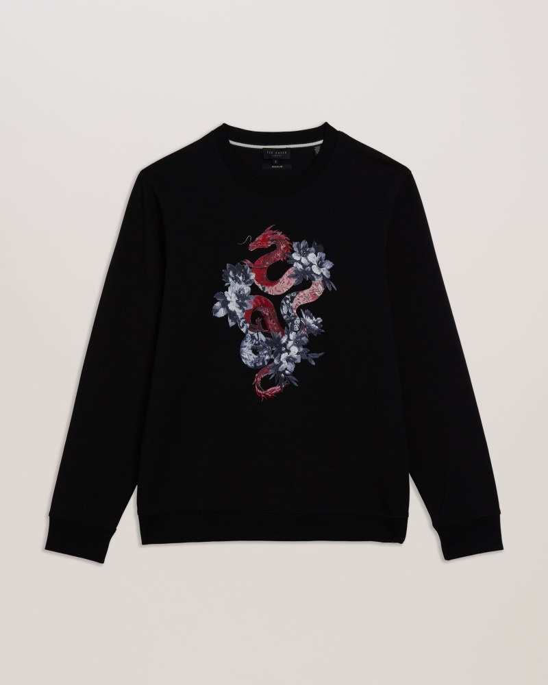 Black Men's Ted Baker Newyar LS Regular Graphic Sweatshirt Price In India | F0R-8333