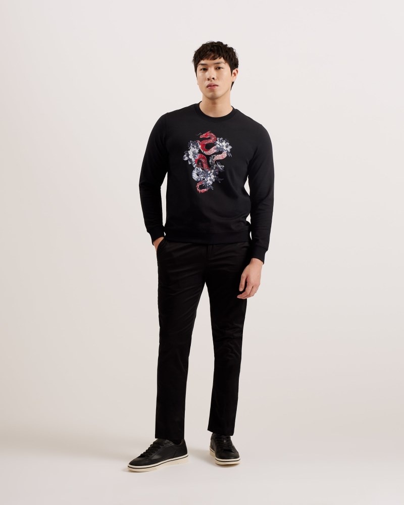 Black Men\'s Ted Baker Newyar LS Regular Graphic Sweatshirt Price In India | F0R-8333