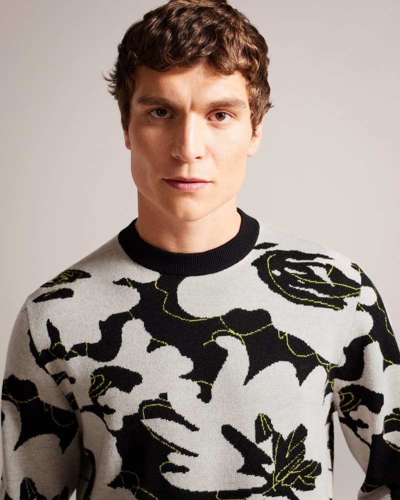 Black Men's Ted Baker Ozier LS Floral Regular Crew Neck Sweaters Price In India | M8B-3510