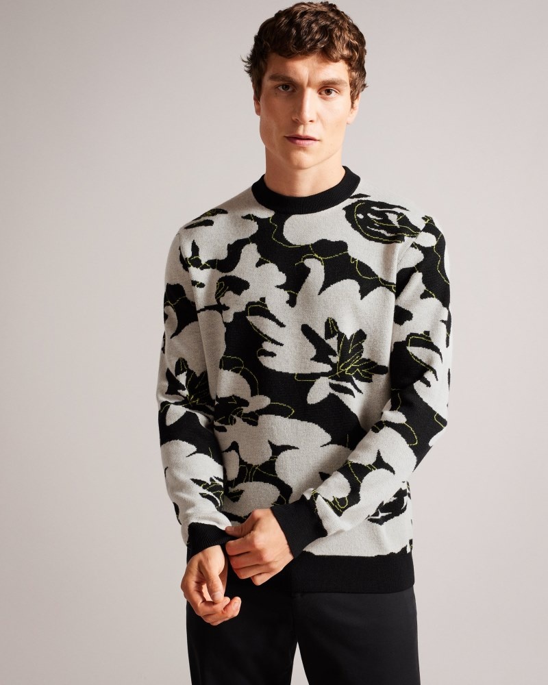 Black Men\'s Ted Baker Ozier LS Floral Regular Crew Neck Sweaters Price In India | M8B-3510