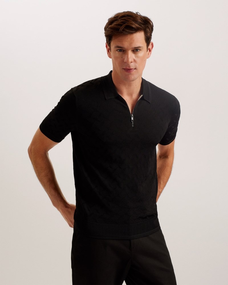 Black Men's Ted Baker Palton Regular SS Textured Polo Shirt Price In India | B5T-1797