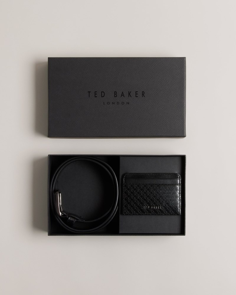 Black Men\'s Ted Baker Teramo Laser Etched Belt And Card Holder Set Belts Price In India | D8Z-4808