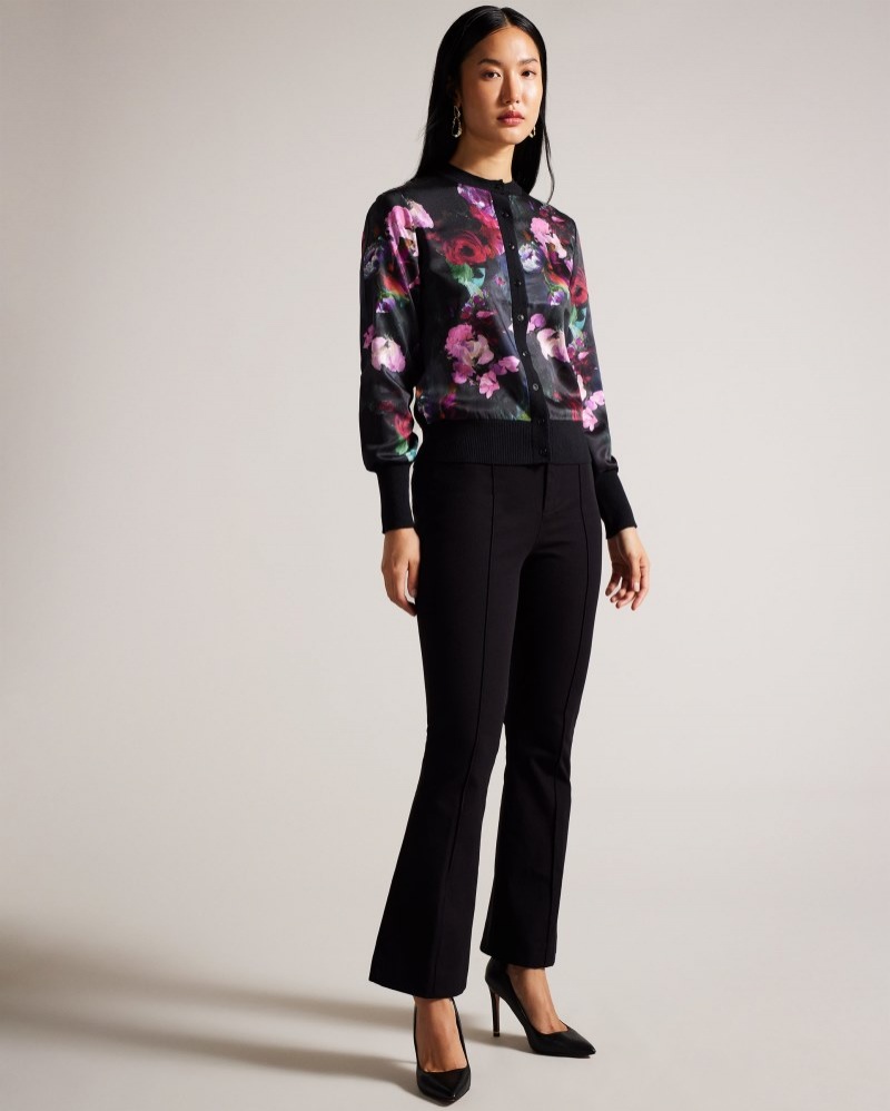 Black Women\'s Ted Baker Abbalee Printed Woven Front Cardigan Price In India | X5W-8875