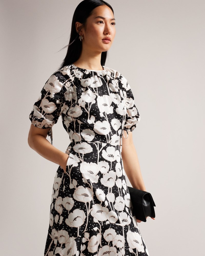 Black Women's Ted Baker Abriee Puff Sleeve Midi Dress Price In India | X7E-9717