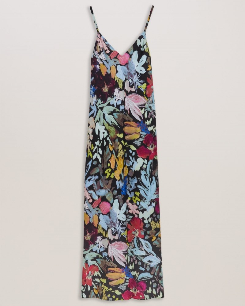 Black Women's Ted Baker Adamela Double Layer Slip Midi Dress Price In India | G7S-8273