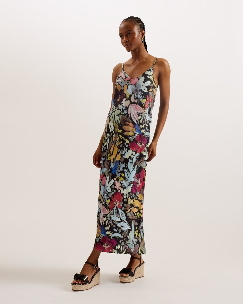 Black Women\'s Ted Baker Adamela Double Layer Slip Midi Dress Price In India | G7S-8273