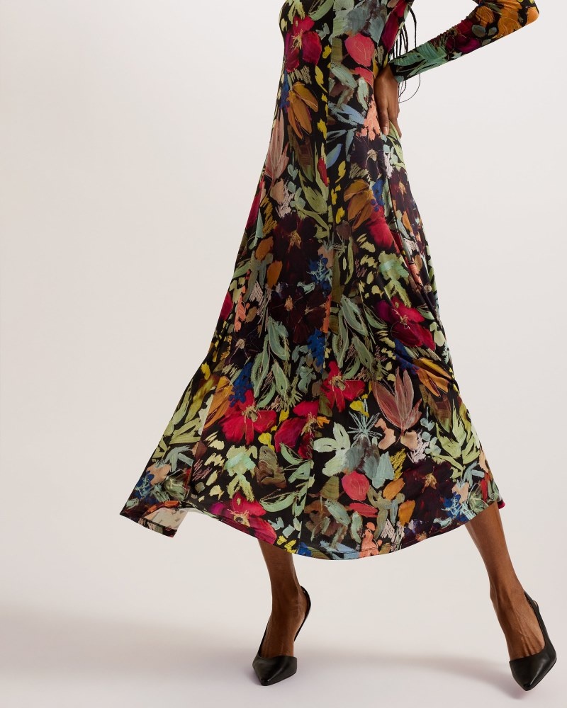 Black Women's Ted Baker Alexann Printed Long Sleeved Dress Price In India | M2F-9054