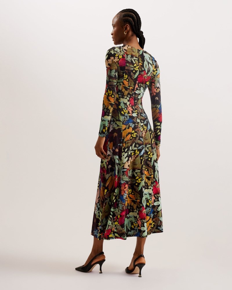 Black Women's Ted Baker Alexann Printed Long Sleeved Dress Price In India | M2F-9054