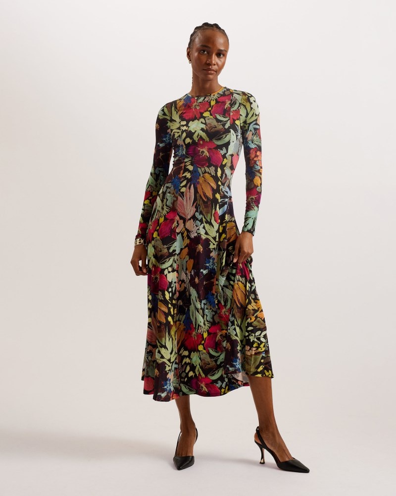 Black Women\'s Ted Baker Alexann Printed Long Sleeved Dress Price In India | M2F-9054