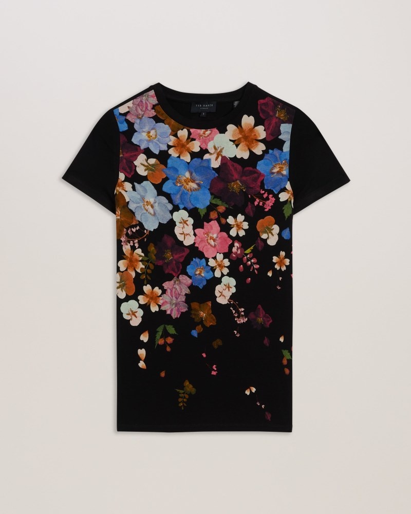 Black Women's Ted Baker Bealaa Printed Fitted Tee Price In India | S7U-7543