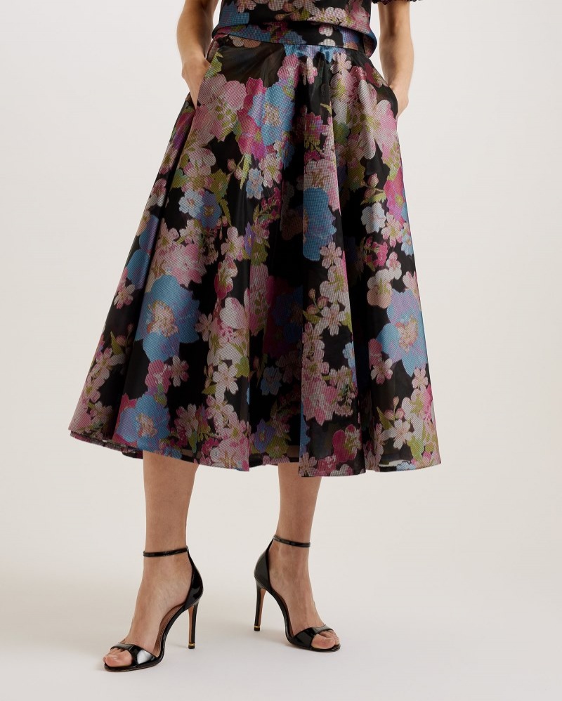 Black Women's Ted Baker Bursa Jacquard Midi Skirt Price In India | H9D-0806