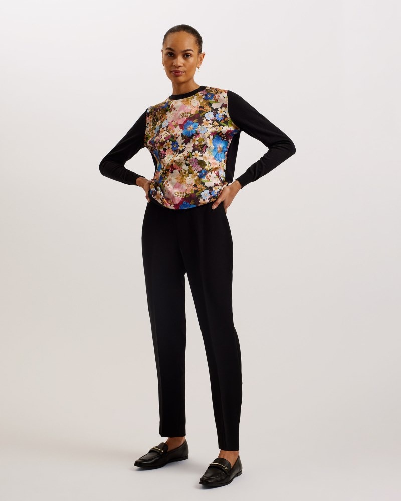 Black Women's Ted Baker Delbi Printed Woven Front Sweater Price In India | T6Q-5815