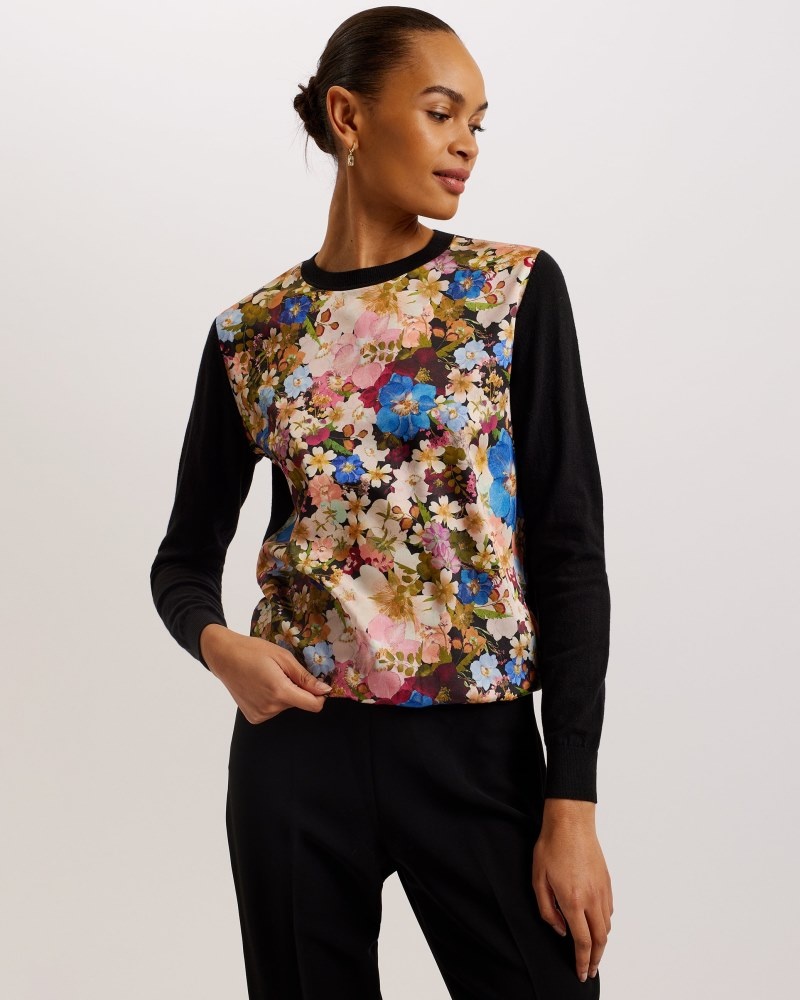 Black Women\'s Ted Baker Delbi Printed Woven Front Sweater Price In India | T6Q-5815