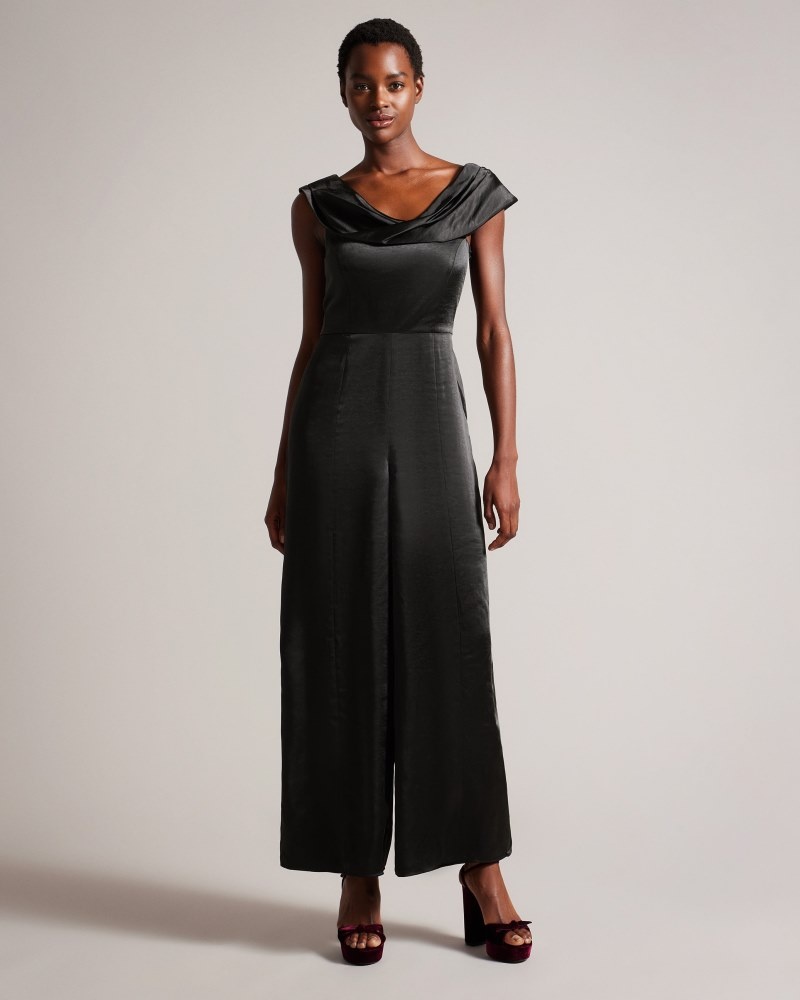 Black Women\'s Ted Baker Dolynn Draped Neck Wide Leg Jumpsuit Price In India | O8K-9201