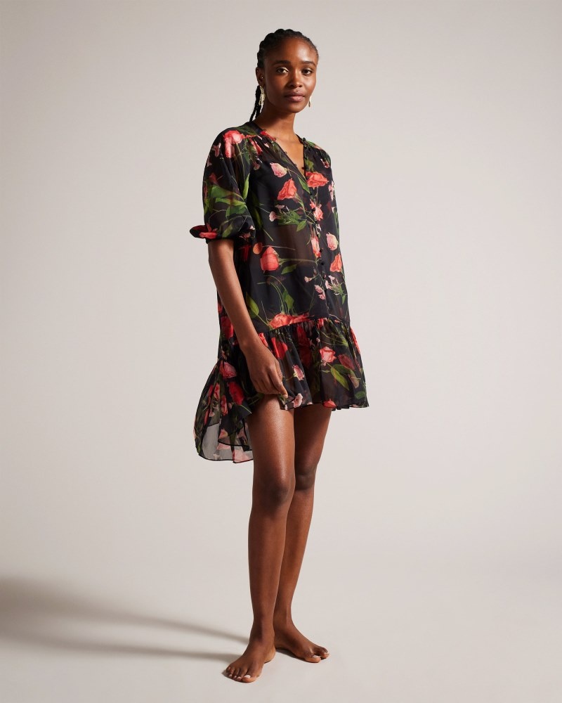 Black Women's Ted Baker Emileee Plunge Cover Up With Button Details Dress Price In India | Q4I-8362