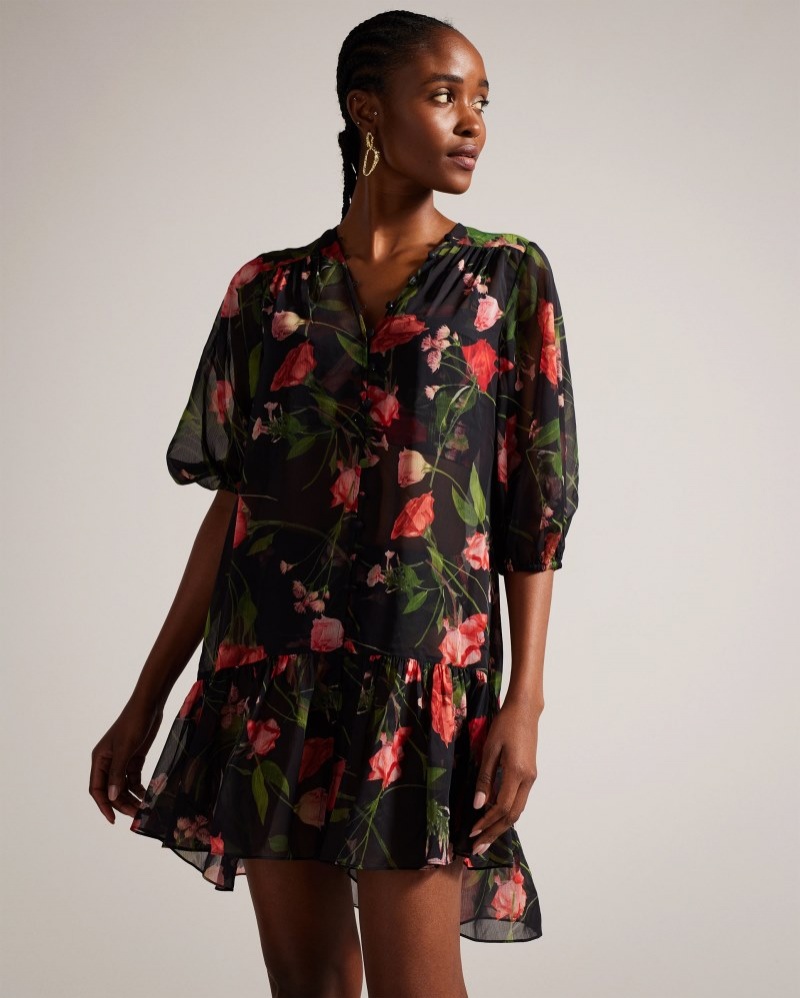 Black Women\'s Ted Baker Emileee Plunge Cover Up With Button Details Dress Price In India | Q4I-8362