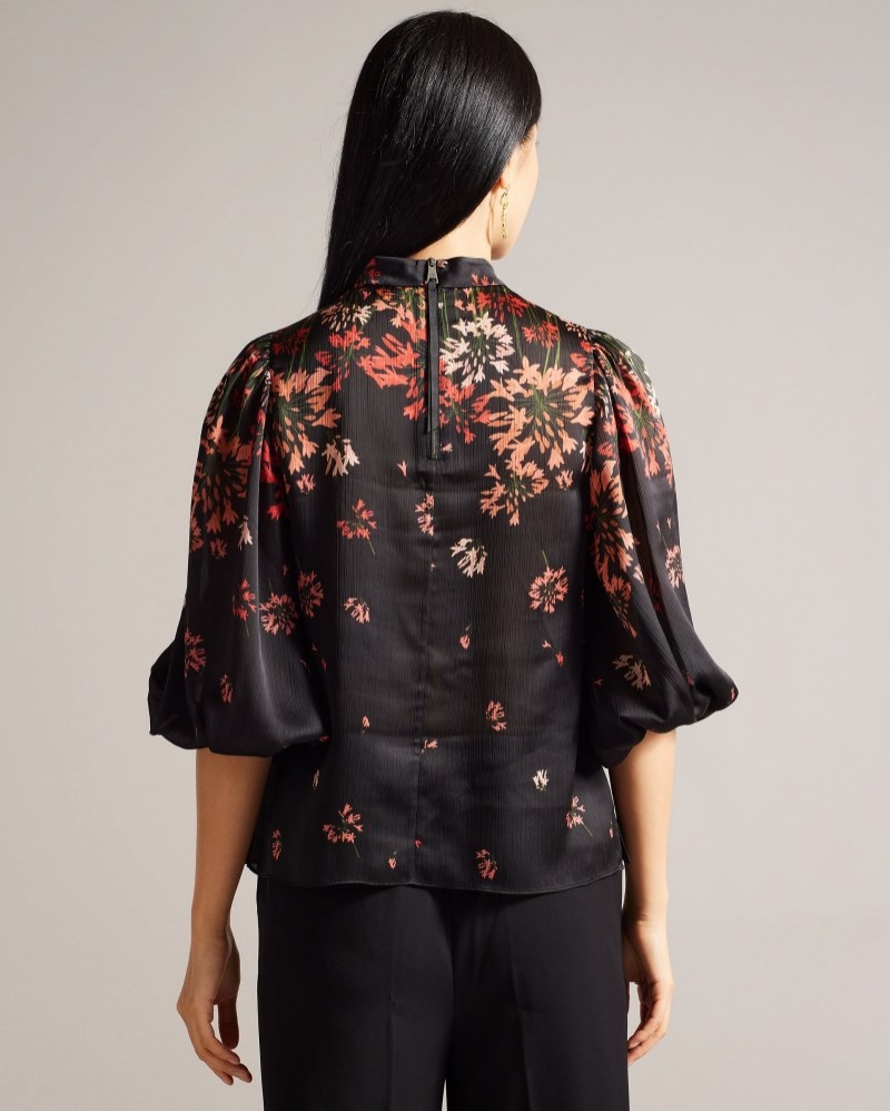 Black Women's Ted Baker Eranthe High Neck Balloon Sleeve Blouse Price In India | Q9N-2043