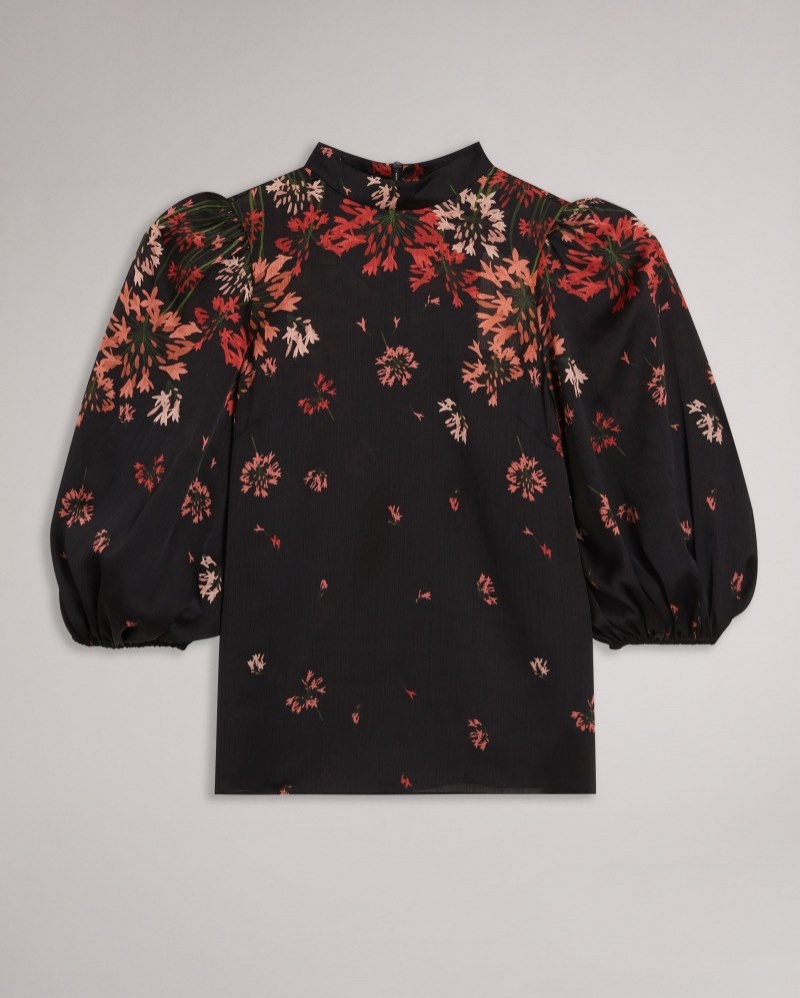 Black Women's Ted Baker Eranthe High Neck Balloon Sleeve Blouse Price In India | Q9N-2043