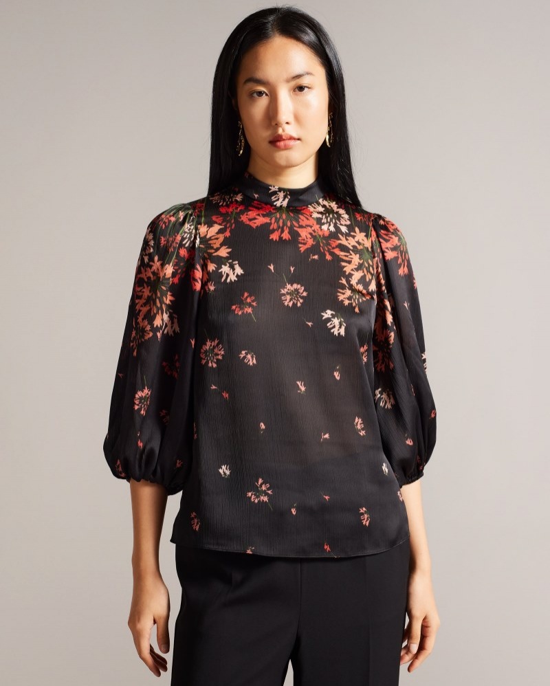 Black Women\'s Ted Baker Eranthe High Neck Balloon Sleeve Blouse Price In India | Q9N-2043