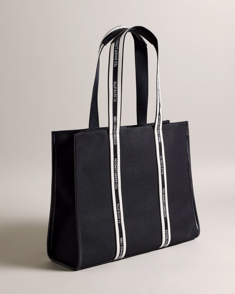 Black Women's Ted Baker Georjey Branded Webbing Canvas Tote Price In India | Y4I-9837