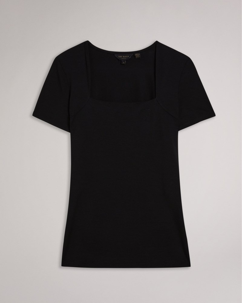 Black Women's Ted Baker Gerbela Square Neck Short Sleeve Top Price In India | E9G-1505