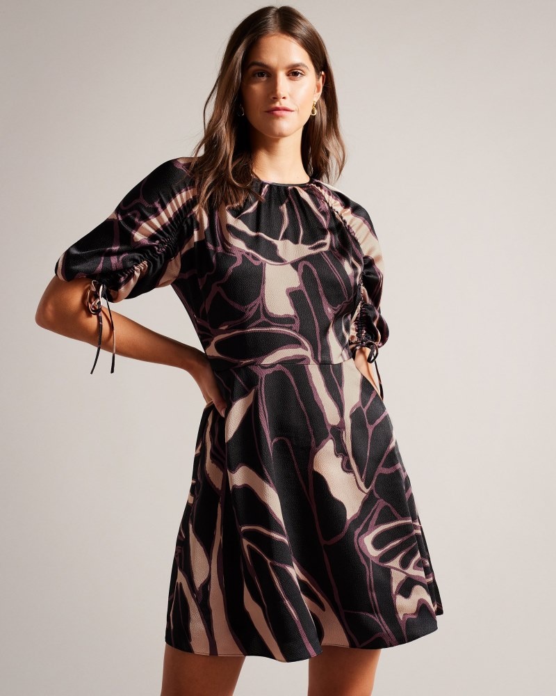 Black Women's Ted Baker Gilliaa Printed Mini Fit and Flare with Puff Sleeve Dress Price In India | S9P-1839