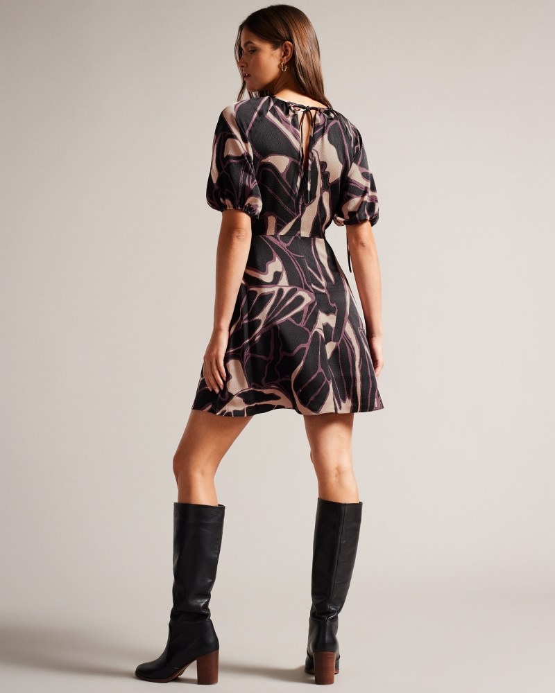 Black Women's Ted Baker Gilliaa Printed Mini Fit and Flare with Puff Sleeve Dress Price In India | S9P-1839