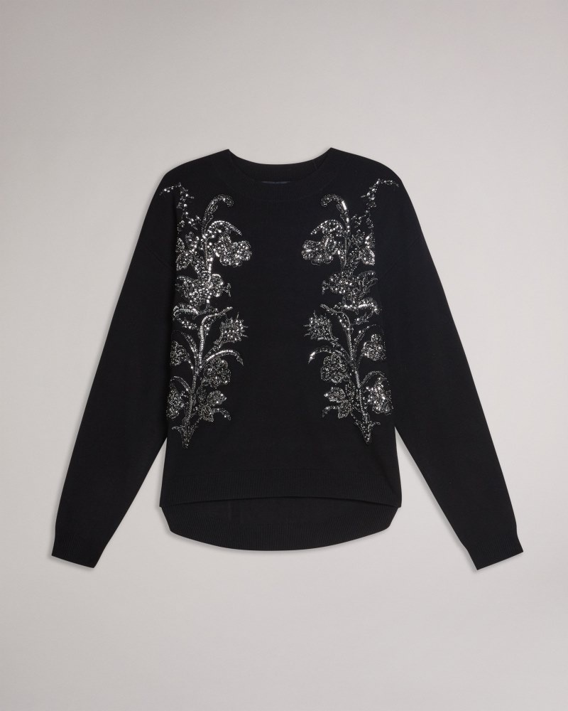 Black Women's Ted Baker Hazlie Embellished Sweater Price In India | G6T-2666