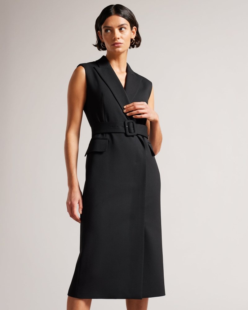 Black Women\'s Ted Baker Indiyad Exaggerated Shoulder Sleeveless Midi Dress Price In India | D1F-4667