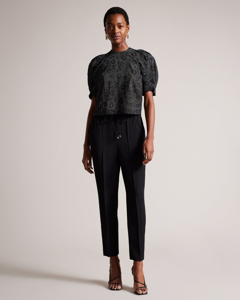 Black Women's Ted Baker Ingriid Boxy Puffed Sleeve Top Price In India | H7G-7376