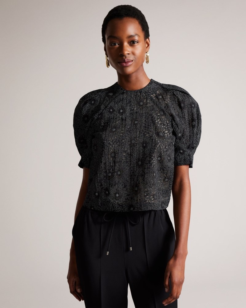 Black Women\'s Ted Baker Ingriid Boxy Puffed Sleeve Top Price In India | H7G-7376