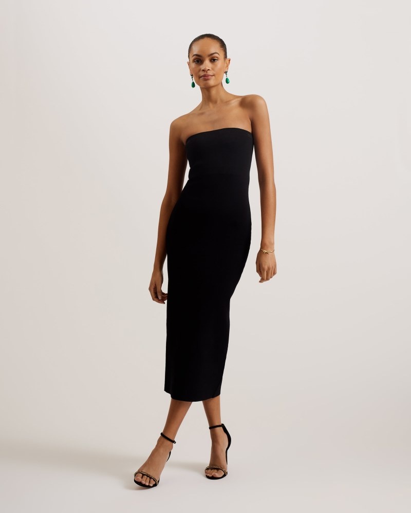 Black Women\'s Ted Baker Jesssi Knitted Strapless Bodycon Midi Dress Price In India | H4Y-0858